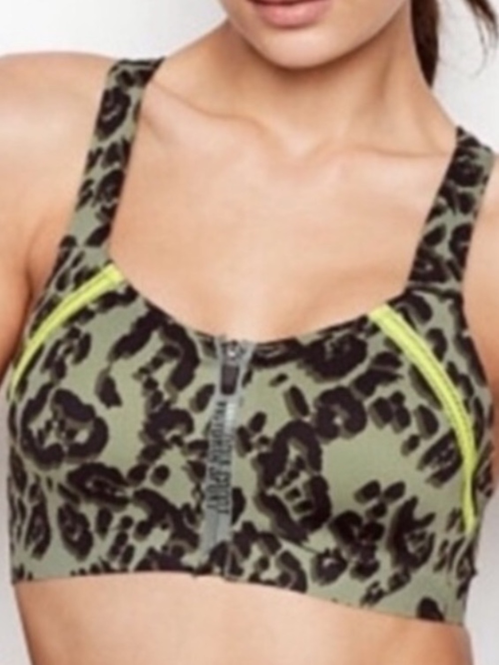 Victoria's Sport Front-Zip Leopard Sports Bra in Olive & Neon Yellow
